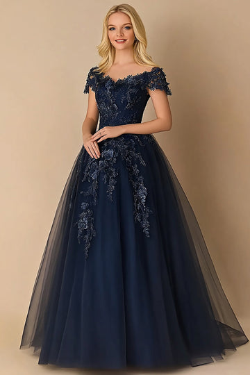 Cravate noire marine trapèze col V Tulle Robe longue mère de la mariée à manches courtes